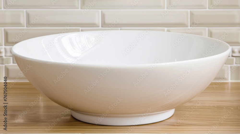 a white bowl sitting on top of a wooden table next to a white tile backsplash of a wall. a white bowl sitting on top of a wooden table next to a white tile backsplash of a wall.