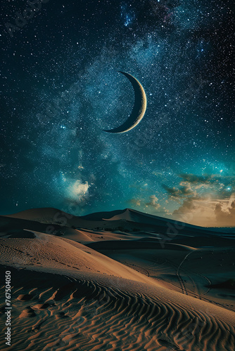 Generative AI Image of Arabian Desert View with Crescent Moon and Galaxy in Calm Night