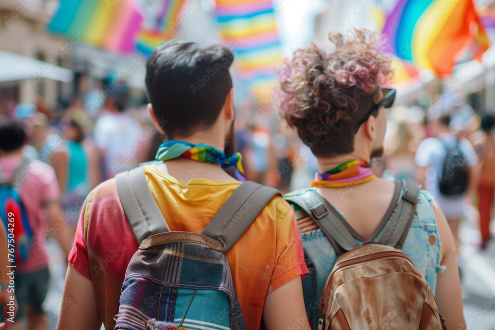 Gay couple at lgbt pride parade, two men holding hands strolling down streets of colorful celebration Gay couple at lgbt pride parade, two men holding hands strolling down streets of colorful celebration