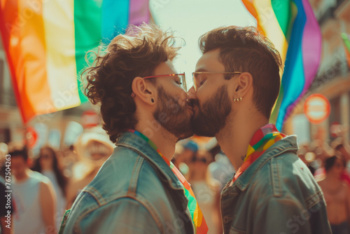 Gay couple kissing at lgbt pride parade, two men in love in a tender gesture with rainbow flags in the background among the celebrating crowd © Simn