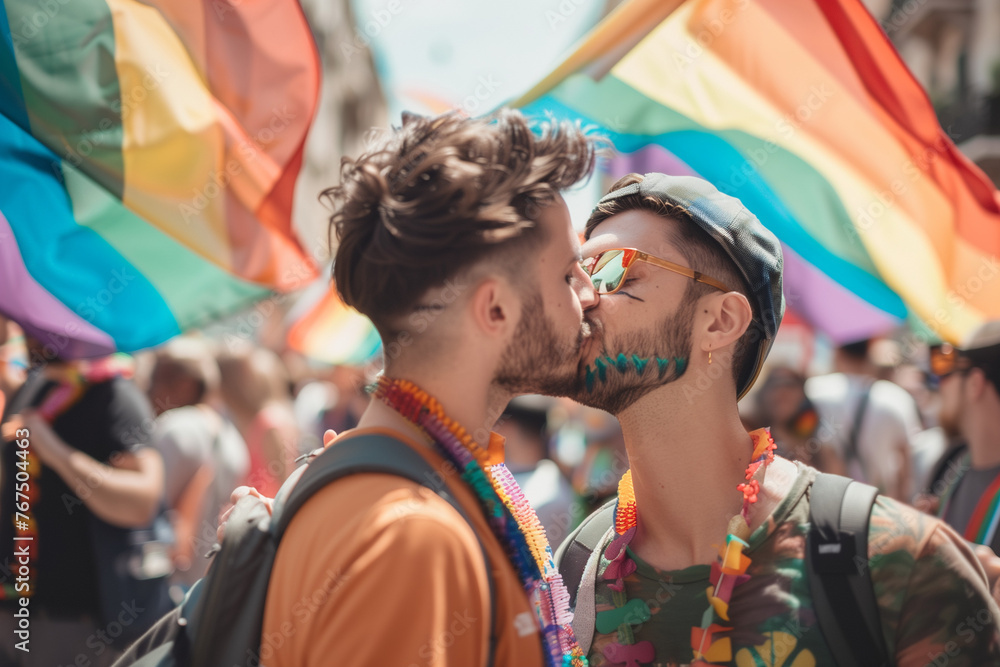 Gay couple kissing at lgbt pride parade, gesture of love between two men with rainbow flags in the background on the streets of celebration Gay couple kissing at lgbt pride parade, gesture of love between two men with rainbow flags in the background on the streets of celebration