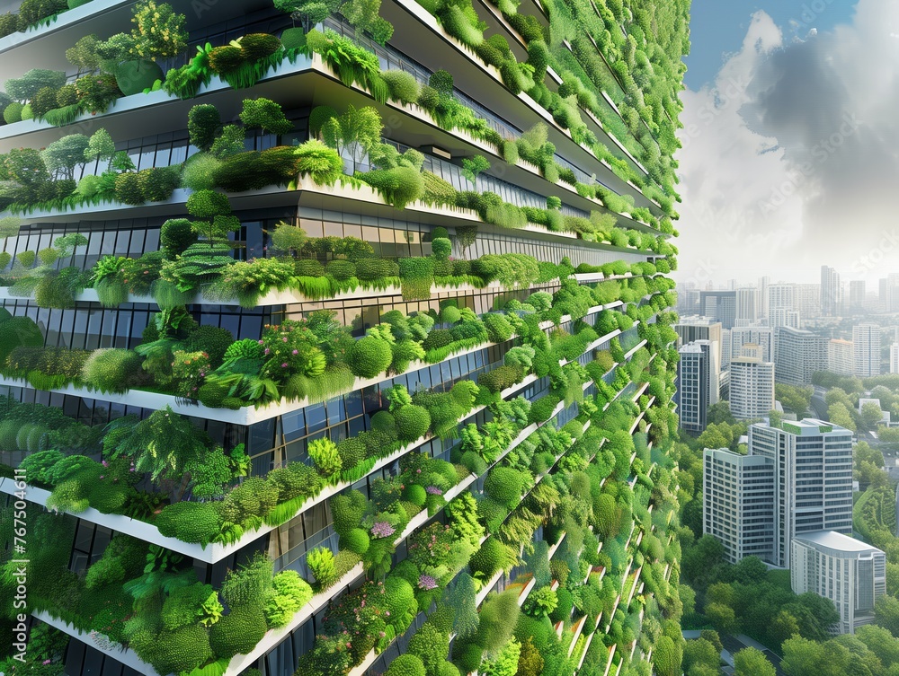 A tall building with a green roof and a city in the background. The building is covered in plants and has a unique design