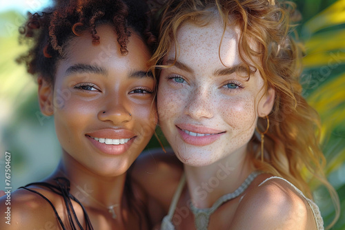 Close up fashion portrait two different races women hugging, black African American and white redhead with freckles touching their heads faces to each other on summer beach water background