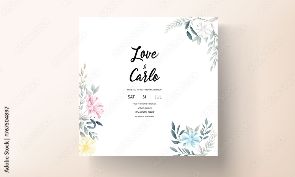 beautiful flower and leaves wedding invitastion card