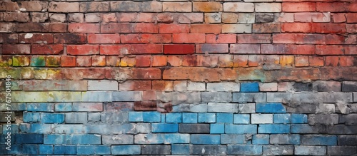 A detailed shot of a vibrant brick wall covered in graffiti art, showcasing an electric blue color and intricate patterns on each rectangular brick
