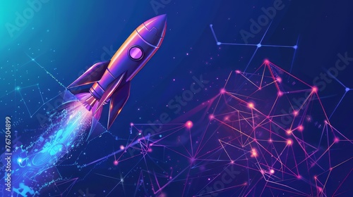 blockchain is attached to a rocket going up, illustration of cryptocurrency growth