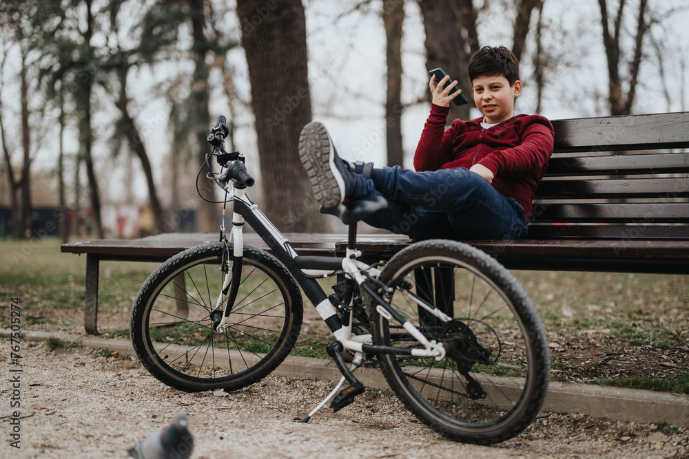 Casual day of leisure, individual relaxes on a park bench with a bike by their side, enjoying the outdoor serenity Casual day of leisure, individual relaxes on a park bench with a bike by their side, enjoying the outdoor serenity