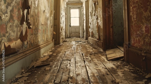 narrow wooden hallway with cracked broken dirty wooden floor and dirty peeling wallpaper