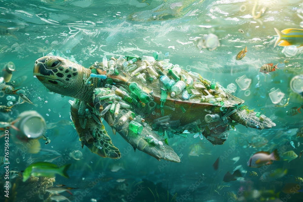 Plastic Pollution In Ocean, a turtle made of plastic bottles, cups and trash swimming in the sea Plastic Pollution In Ocean, a turtle made of plastic bottles, cups and trash swimming in the sea