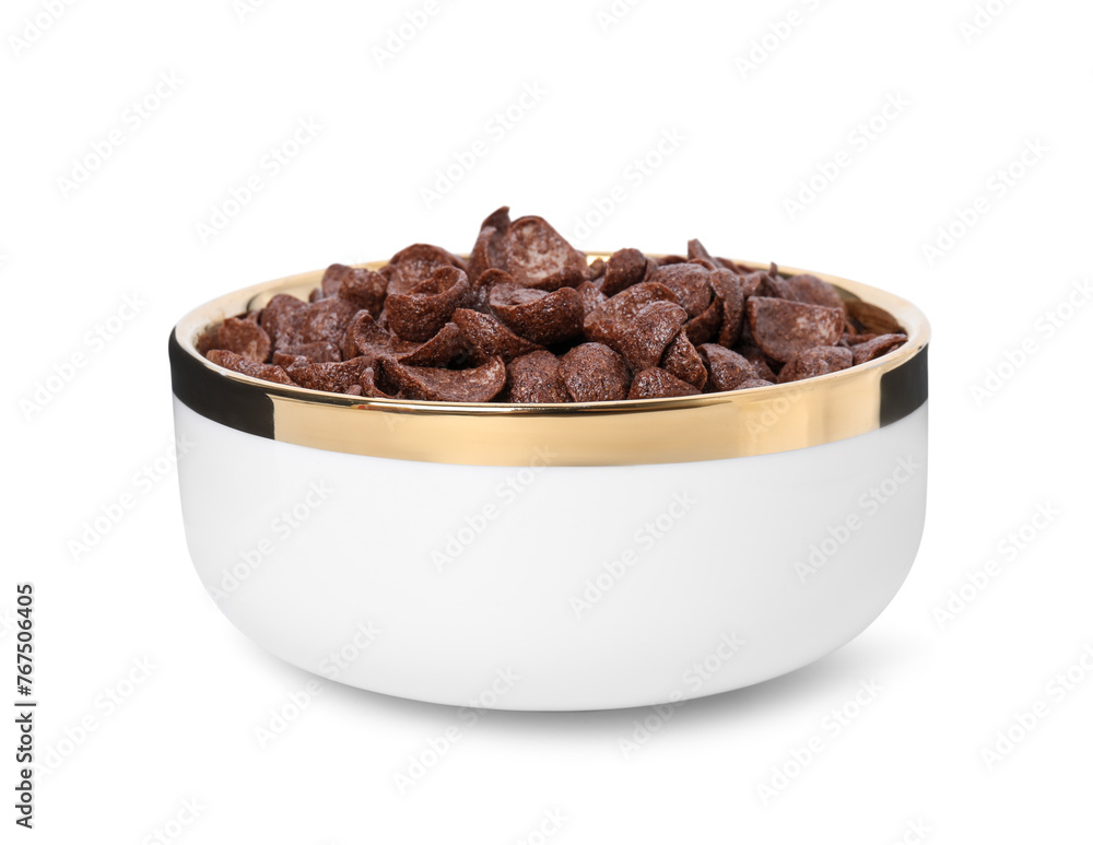 Obraz premium Breakfast cereal. Chocolate corn flakes in bowl isolated on white