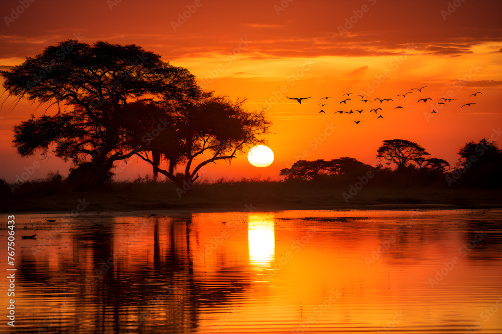 Zenith of Serenity: A Tranquil Riverside Scene under the Golden Sunset