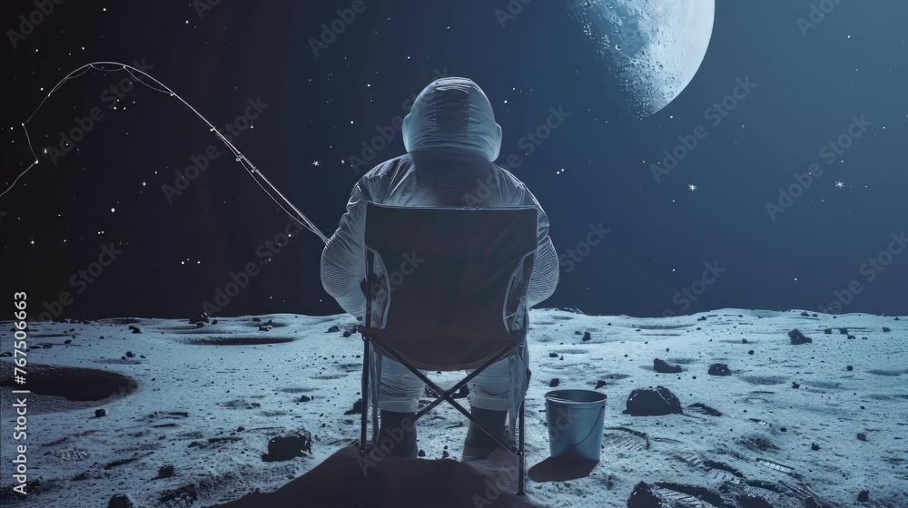 A cosmonaut sitting on a chair on the moon holding a fishing rod in front of him, he sinned stars that he put in a bucket next to him, view from behind  - obrazy, fototapety, plakaty 