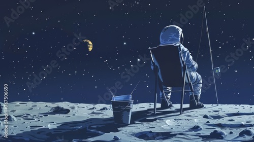 A cosmonaut sitting on a chair on the moon holding a fishing rod in front of him, he sinned stars that he put in a bucket next to him, view from behind 