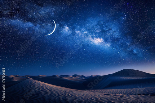 Generative AI Image of Peaceful Nature View in Desert with Crescent and Galaxy in Blue Sky