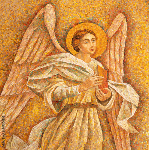 MILAN, ITALY - MARCH 4, 2024: The detial of mosaic of angel with the book in the church Chiesa di San Agostino from 20. cent.