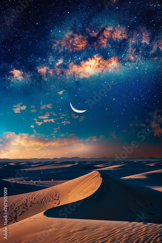 Generative AI Image of Peaceful Nature View in Desert with Galaxy in Blue Sky