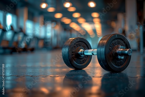 A detailed image of a dumbbell resting on the floor inside a fitness room