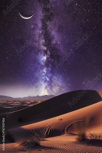 Generative AI Image of Sand Dune in Desert with Crescent and Galaxy in Purple Sky