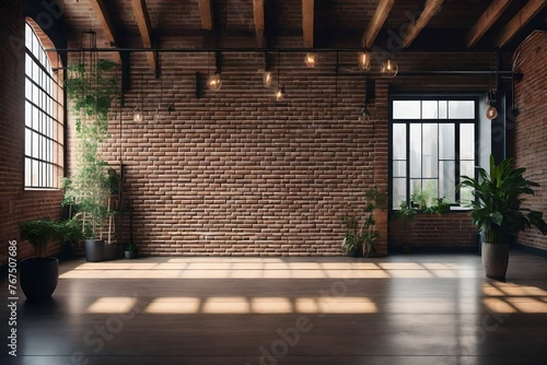 big room with a brick wall. Empty room with big window in loft style