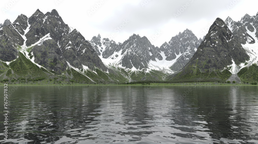  a large body of water with a mountain range in the background and a few clouds in the sky above it.