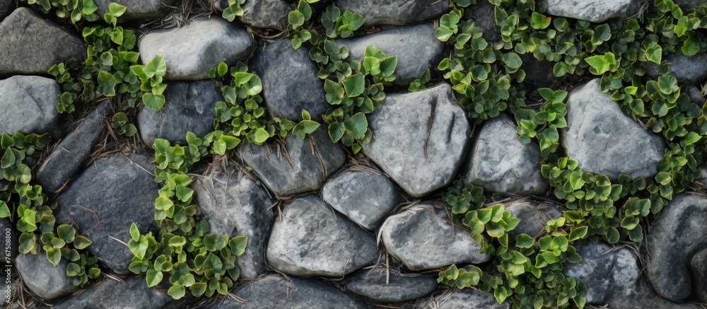 A detailed shot of a bedrock wall covered in ivy, creating a natural landscape art piece with terrestrial plants and groundcover