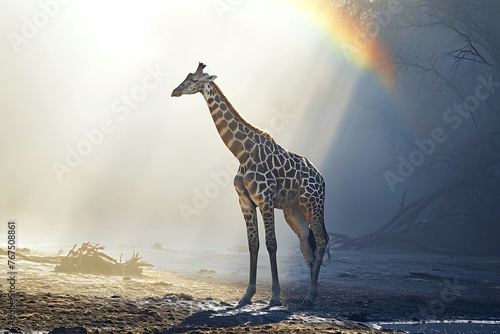 giraffe in the African savanna in the sunlight with a rainbow. mammals and wildlife photo