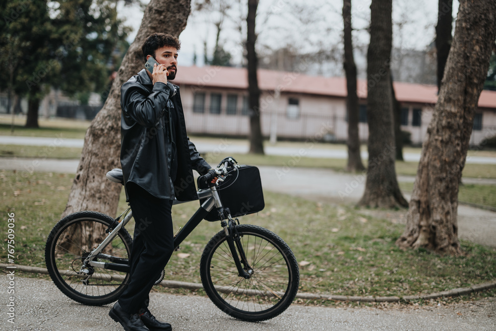 Professional male entrepreneur multitasking by cycling and conducting a phone call outdoors with an urban background. Professional male entrepreneur multitasking by cycling and conducting a phone call outdoors with an urban background.