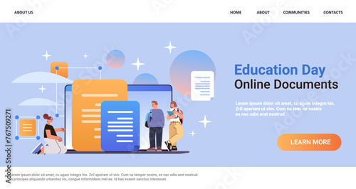 students using online storage on laptop screen file transfer connection docs information migration access to remote documents education day