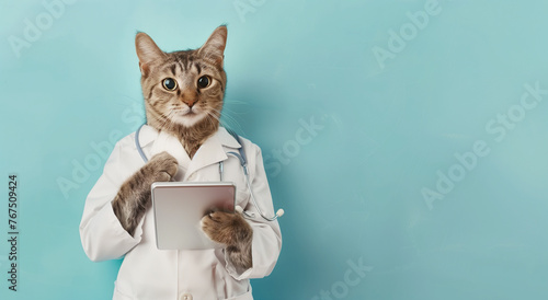 Portrait of Cute Cat Doctor in Medical Coat Writing and Working with Digital Tablet Computer on Blue Background. Professional Veterinarian in Clinic or Hospital. Looking at the Camera.