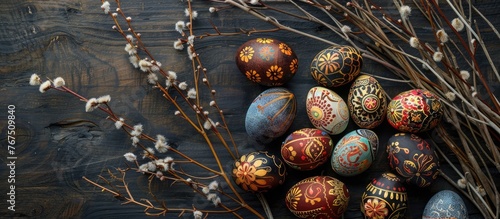A still life display featuring Pysanka, intricately designed Easter eggs, dried willow branches on a dark wooden surface, as seen from above with room for text.