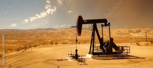 Oil pumpjack at desert. Oil fuel energy industry. Generative AI technology.