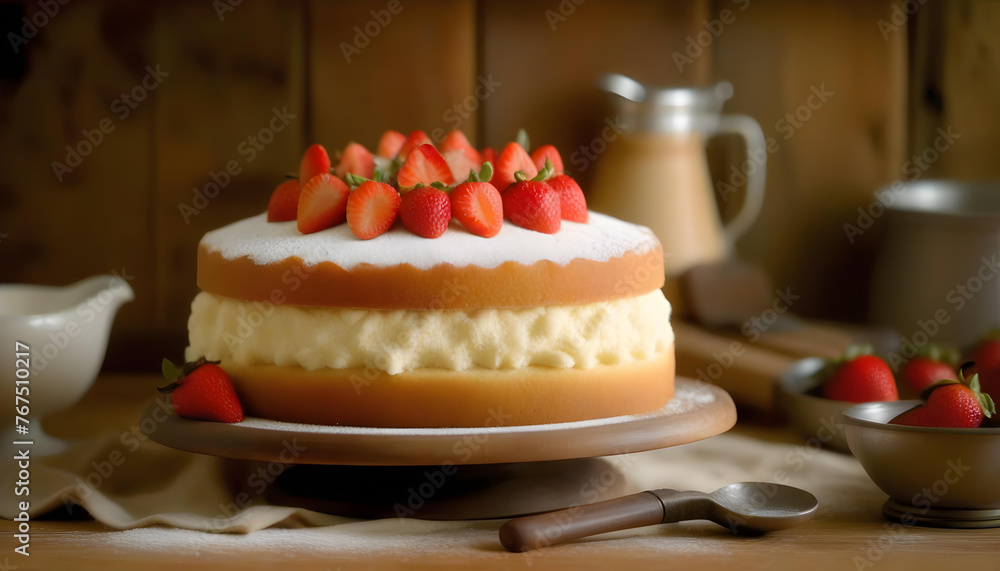 A vanilla cake with strawberries and powdered sugar on a wooden table with baking tools in the background