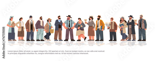 jewish men women in traditional clothes different israel people standing together happy hanukkah judaism religious holidays concept