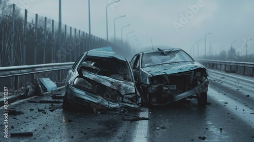 Head-on collision in gloomy weather - An evocative image of two cars destroyed in a head-on collision on a desolate road in overcast weather © Tida