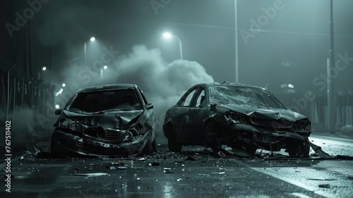 Night car accident scene with smoke - Two cars that have crashed into each other at night emit smoke against an ominous backdrop