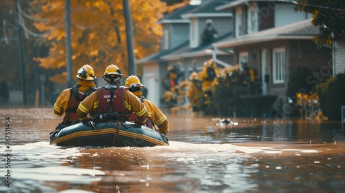 A team of firefighters and rescue workers navigating their way through a flooded neighborhood determined to reach and save anyone who may be stranded.