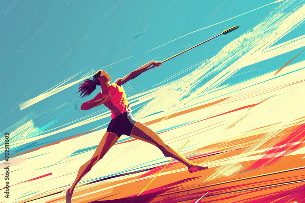 Fototapeta premium Athletics javelin throw competition in grainy gradients. Healthy lifestyle athletic sport concept. Modern minimal design. Generative ai