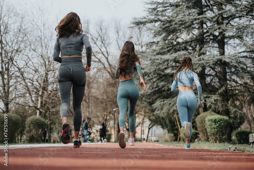 Back view of three diverse female runners in sportswear enjoying a morning jog in an outdoor setting, showcasing health and teamwork.