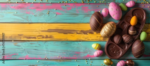 Chocolate Easter eggs and a rabbit are placed on a colorful wooden background.