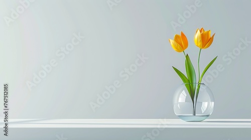  two yellow tulips in a clear glass vase on a white table with a light gray wall in the background.