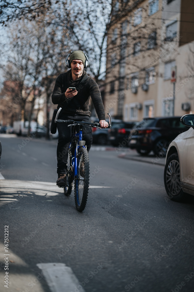 Man using his phone while bicycling in the city street with headphones on during daytime.