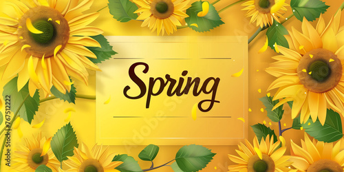 Spring card text, beautiful sunflowers on yellow background. View from above. Background with copy space