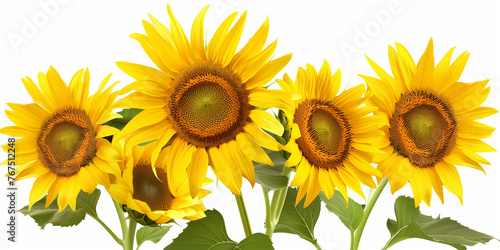 Beautiful sunflowers bouquet on white background. View from above. Background with copy space