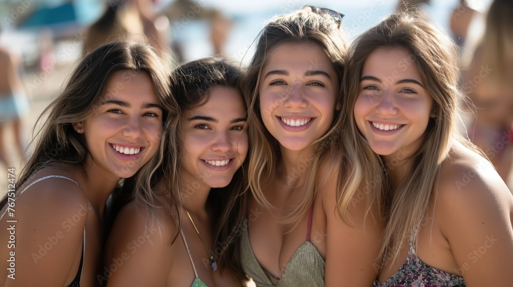 Smiling Young attractive women posing at the beach looking at the camera Smiling Young attractive women posing at the beach looking at the camera