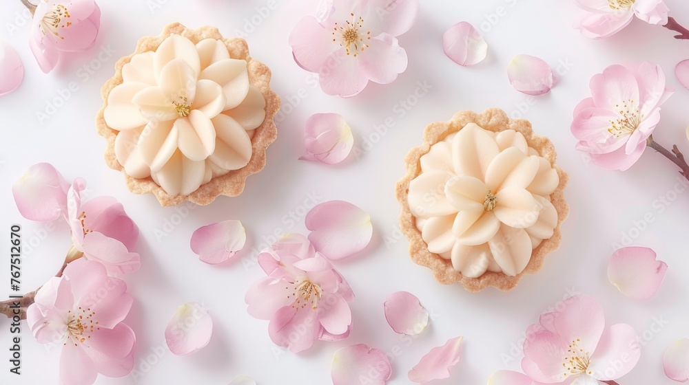 a couple of cupcakes sitting on top of a table covered in frosting next to a bunch of pink flowers. a couple of cupcakes sitting on top of a table covered in frosting next to a bunch of pink flowers.