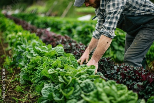 Organic farm rows of leafy greens