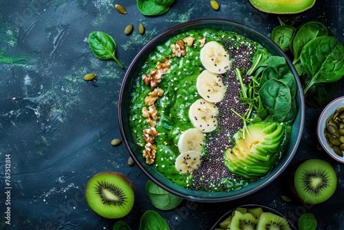 healthy green smoothie bowl top view