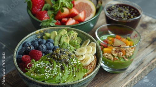 Healthy fast food avocado toast and acai bowls photo