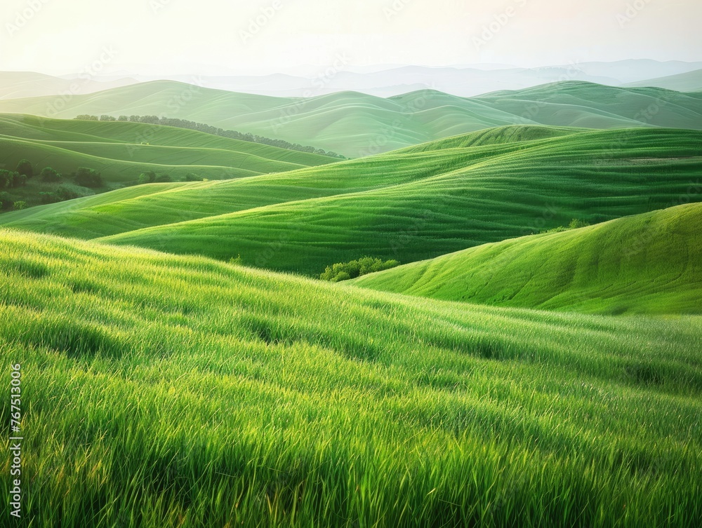 A background of gently rolling hills covered in soft green grass