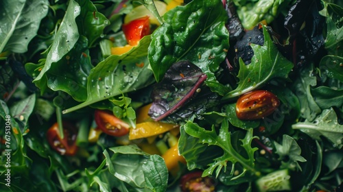 Close-up of a salad with leafy greens and colorful veggies